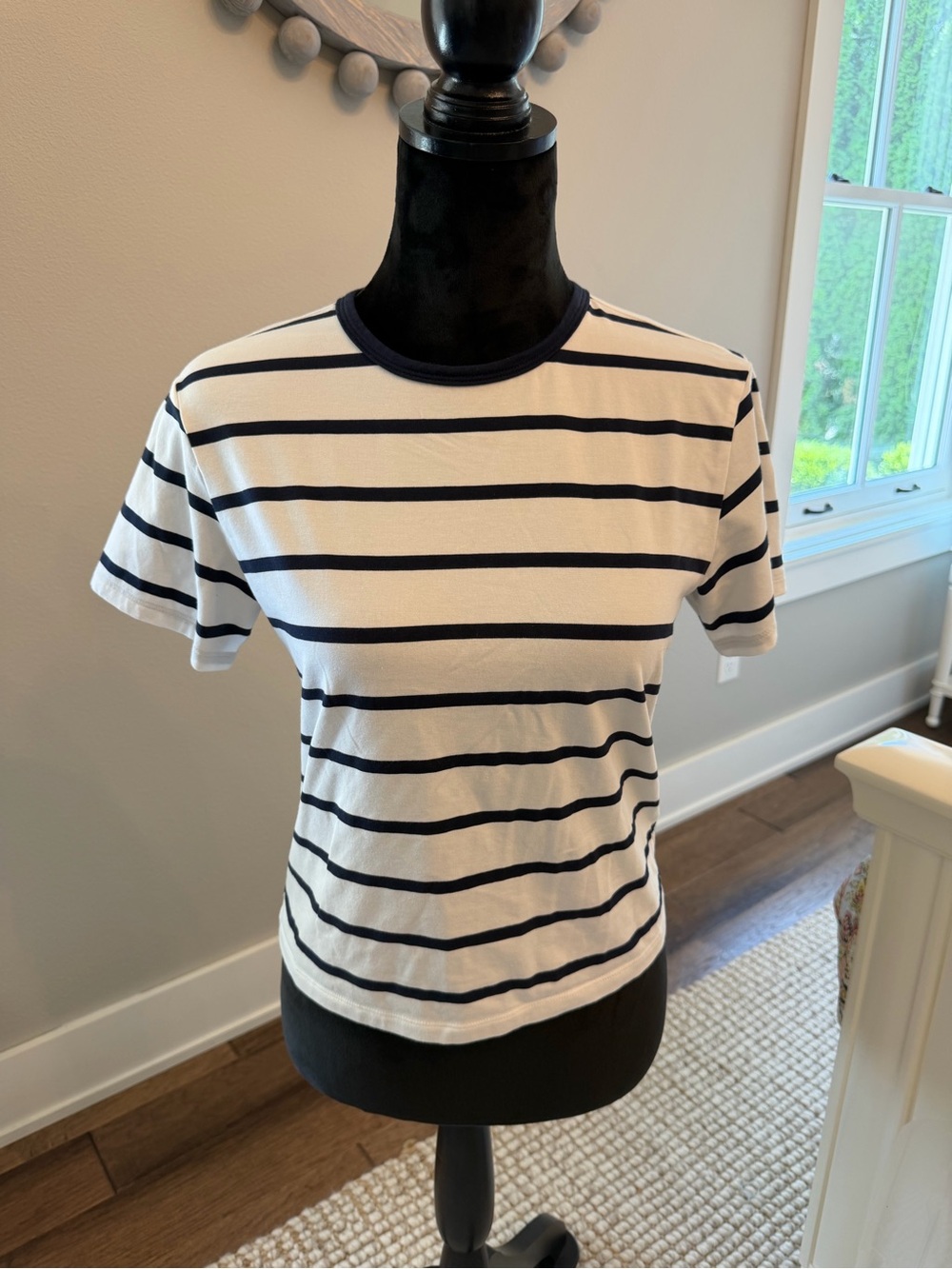 Athleta White and Navy Striped Short Sleeve Tee
